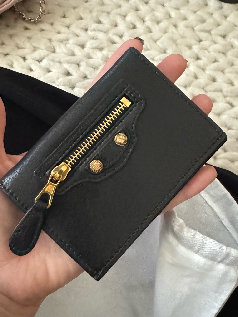 Balenciaga Black Leather Card Holder with Gold Zip Detail